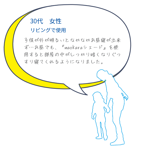 お客様の声１つめ、子供が外が明るいとなかなかお昼寝が出来ず…お昼でも、『maokaraシェード』を使用すると部屋の中がしっかり暗くなりぐっすり寝てくれるようになりました。30代女性　リビングで使用